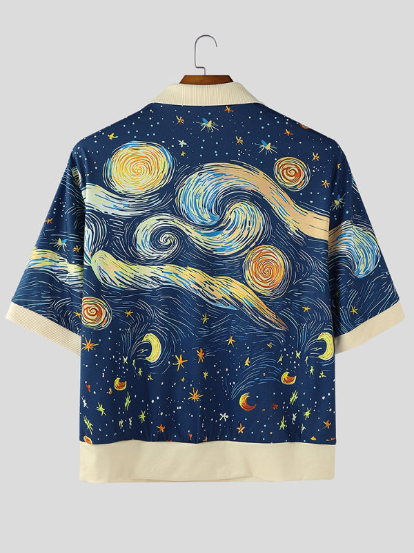 Mens Starry Oil Painting Print Short Sleeve Shirt SKUL16597