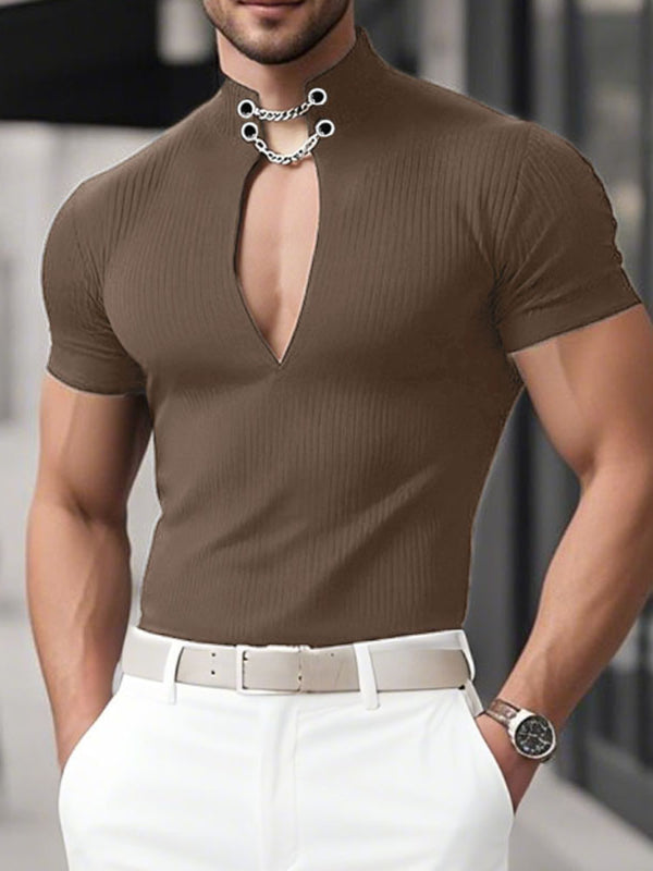 Mens Solid Color Textured Deep V Short Sleeve T-Shirt SKUL18934