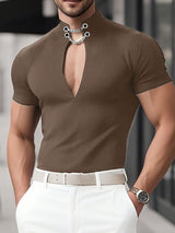 Mens Solid Color Textured Deep V Short Sleeve T-Shirt SKUL18934