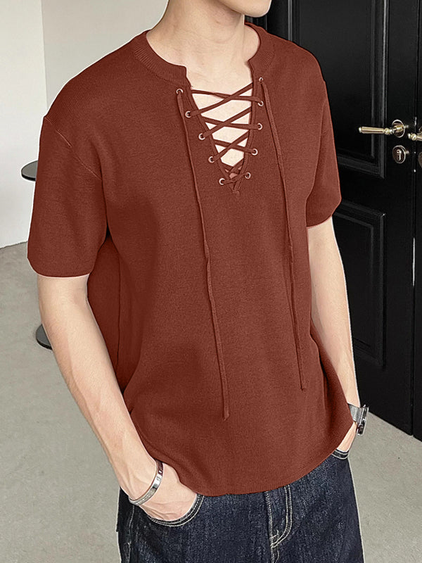 Mens Solid Color Drawstring Short Sleeve T-Shirt SKUK64777