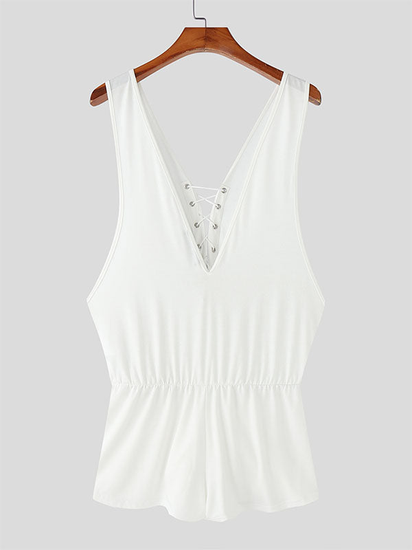 Mens Solid Color Knit Drawstring Bodysuit SKUL14194