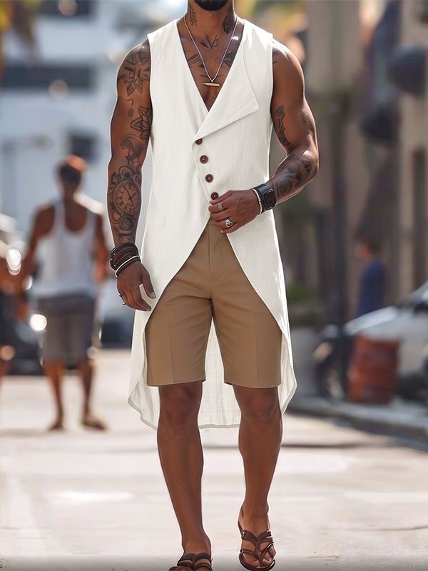 Men's Bohemian Linen Texture Asymmetrical High-Low Hem Tank SKUL75707