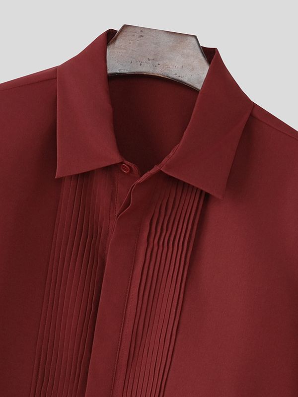 Men's Solid Color Pleated Long Sleeve Shirt SKUL42703