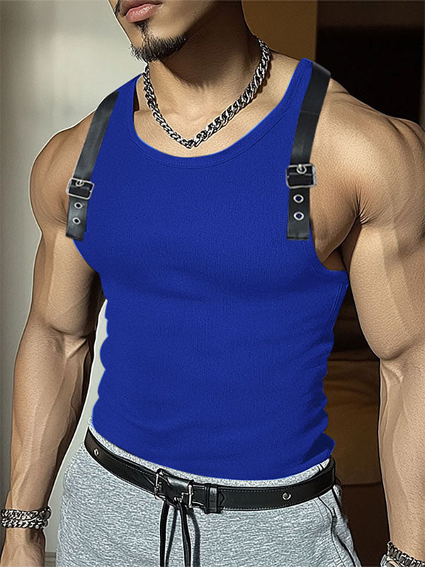Mens Leather Strap Patchwork Knit Tank SKUL07639