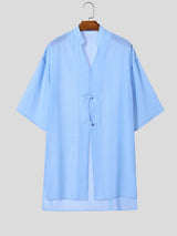 Men's New Chinese Style Sheer Chiffon Frog Button Side Split Long Kimono Shirt SKUL67204