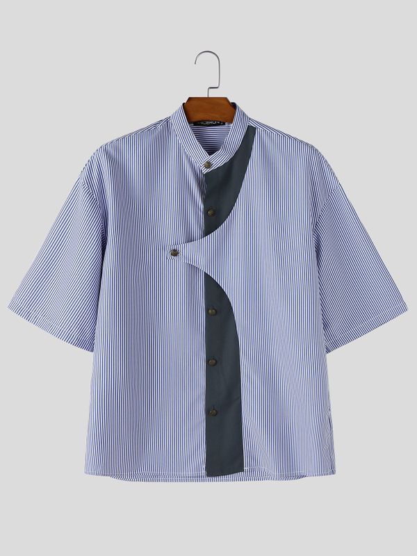 Men's Avant-Garde Asymmetrical Curved Contrast Placket Pinstripe Shirt SKUL64198
