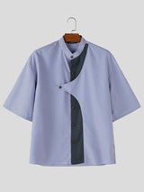 Men's Avant-Garde Asymmetrical Curved Contrast Placket Pinstripe Shirt SKUL64198