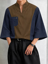 [Pre-order] Men's Zen Minimalist Art Exhibition Colorblock Notch V-Neck Half Sleeve Shirt SKUL88417