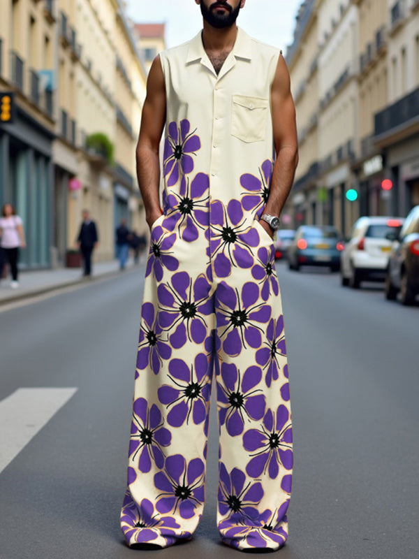 Men's Floral Print Colorblock Jumpsuit SKUL19821