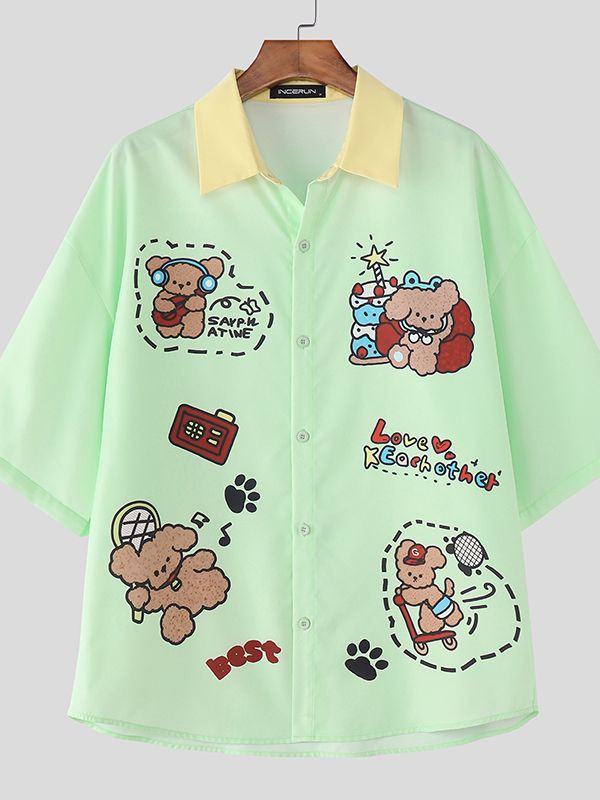 Men's Fun Print Contrast Collar Short Sleeve Shirt SKUL45998