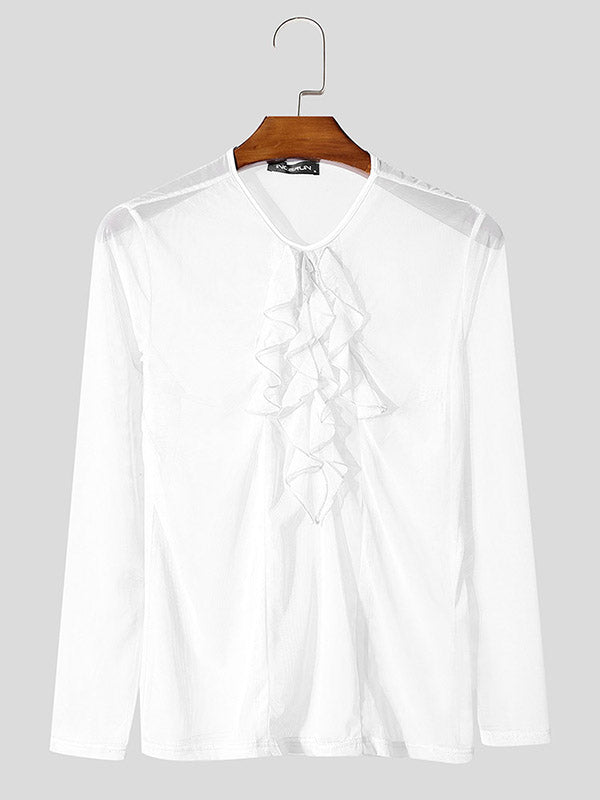 Mens Ruffle Patchwork Sheer Long-Sleeve T-Shirt SKUK96655