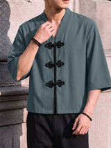 Men's Neo-Chinese Chic Tea Gathering Contrast Frog Button V-Neck Cropped Shirt SKUL86017