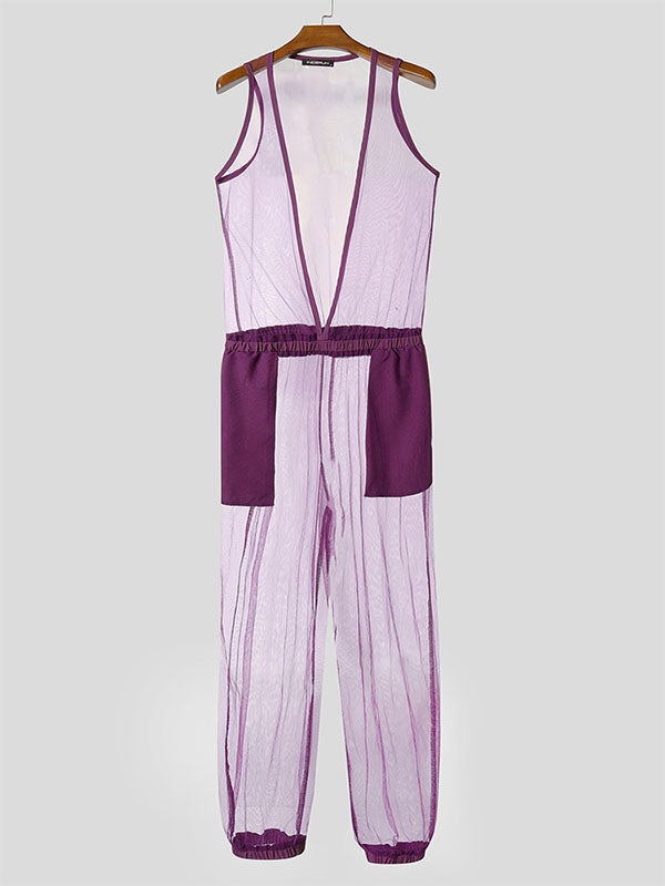 Mens Solid Color Sheer Mesh Jumpsuit SKUL11900