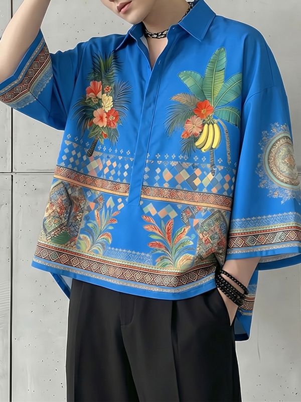 Men's Bohemian Tropical Print Oversized 3/4 Sleeve Pullover Shirt SKUL67355