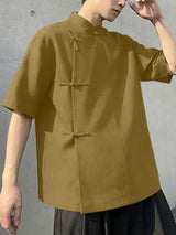 Men's Solid Color Asymmetric Frog Button Loose Shirt SKUL54547