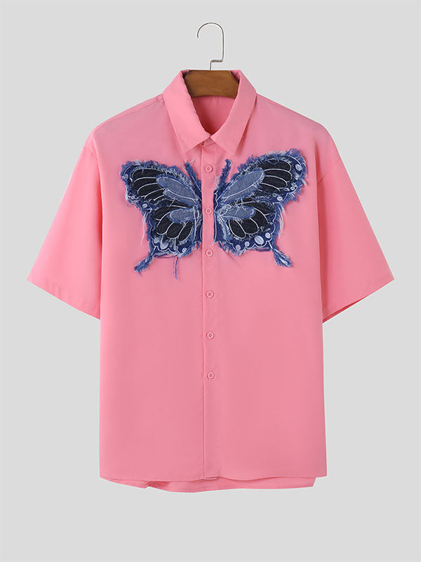 Mens Butterfly Print Loose Fit Short Sleeve Shirt SKUK74695