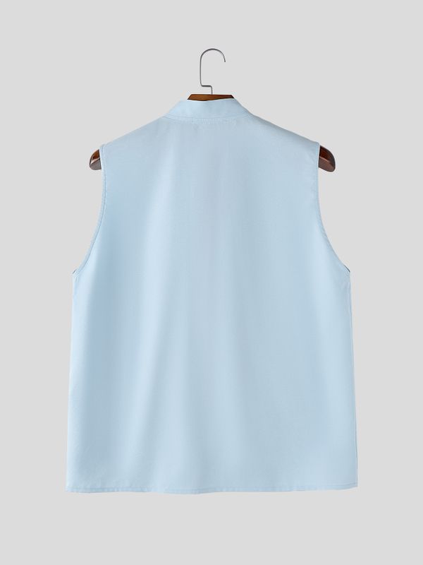Men's Avant-Garde Neo-Chinese Open-Slit Tie-Front Mandarin Collar Tank SKUL75616