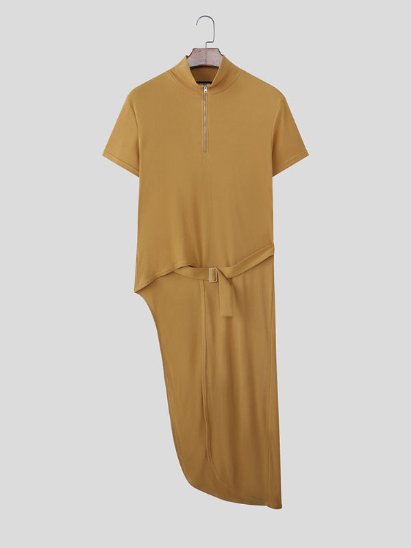 Mens Solid Color Long Hem Zipper Short Sleeve Shirt SKUL25990