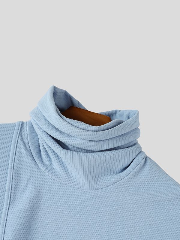 Men's Early Autumn Structural Asymmetrical Cowl-Cape Draped Ribbed Knit Sweater SKUL80476