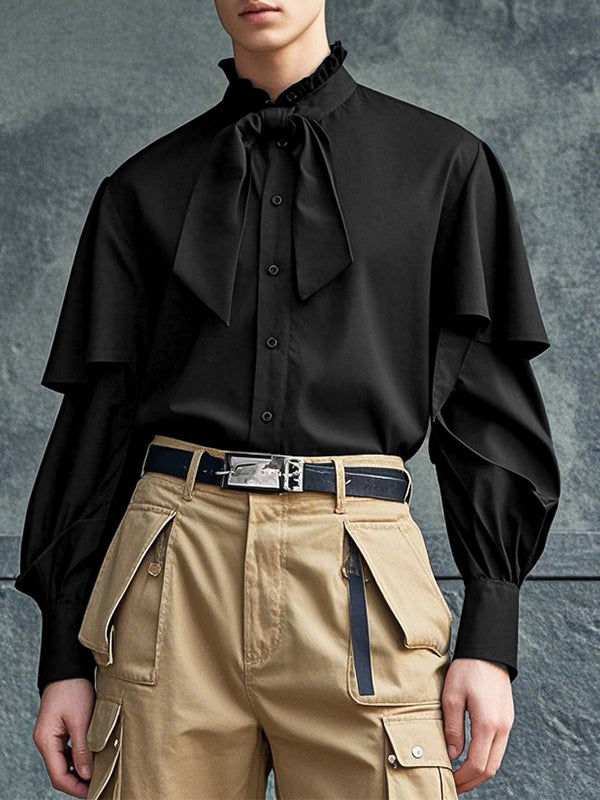 Mens Ruffled Stand Collar Long-Sleeve Shirt SKUK94595