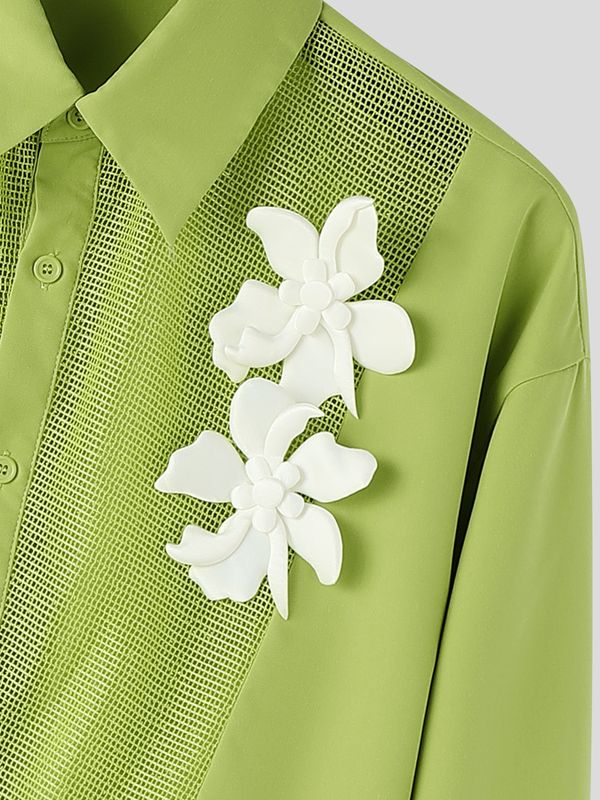 Men's Avant-Garde Sheer Mesh Panel 3D Floral Applique Cropped Shirt SKUL75674