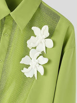 Men's Avant-Garde Sheer Mesh Panel 3D Floral Applique Cropped Shirt SKUL75674