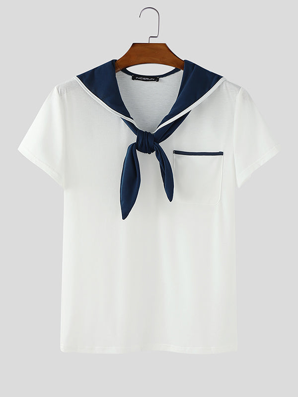 Mens Sailor Collar Short-Sleeve T-Shirt SKUL16989