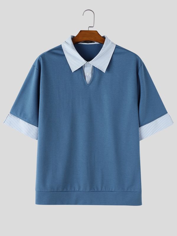 Men's Casual College Preppy Striped Fake Two Piece Short Sleeve Shirt SKUL67312