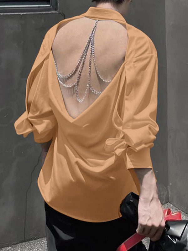 Mens Solid Color Backless Long-Sleeve Shirt SKUK80455