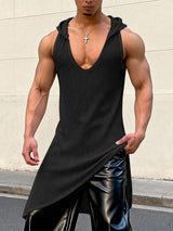 Men's Solid Color Textured Long Irregular Hem Hooded Tank SKUL54058