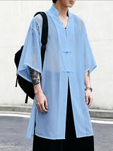 Men's New Chinese Style Sheer Chiffon Frog Button Side Split Long Kimono Shirt SKUL67204