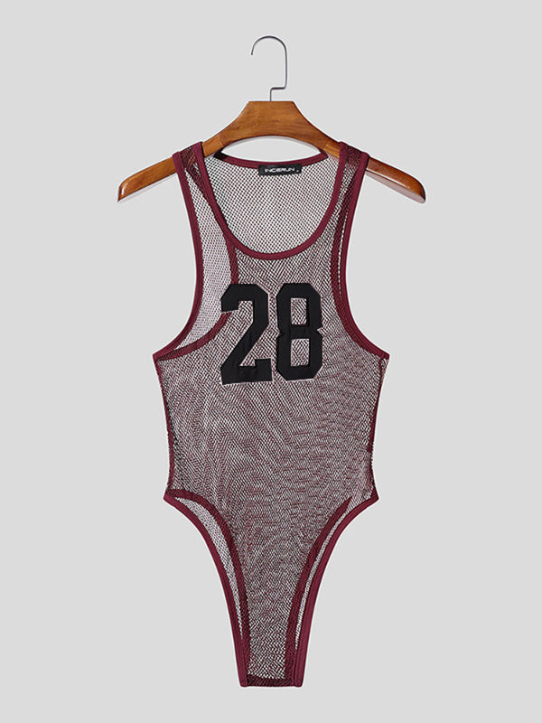 Men's Number Print Sheer Mesh Bodysuit SKUL18796
