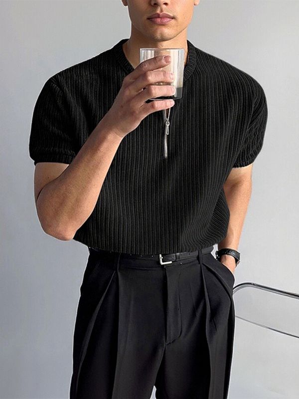 Men's Textured Knitted Half Zip Short Sleeve T-Shirt SKUL38889