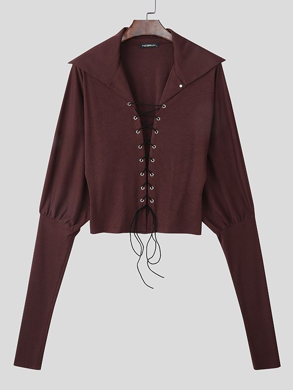 Men's Solid Color Textured Drawstring Long Sleeve Shirt SKUL42338