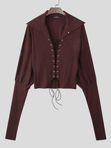 Men's Solid Color Textured Drawstring Long Sleeve Shirt SKUL42338