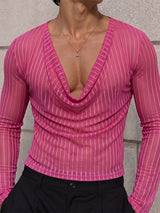 Men's Sexy Party Sheer Mesh Stripe Long Sleeve Cowl Neck T-shirt SKUL78343