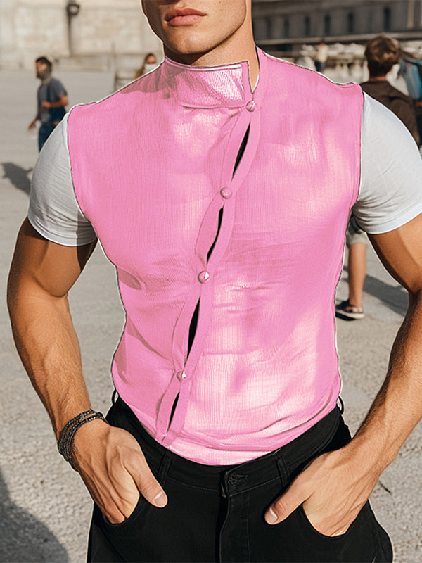 Mens Sheer Mesh Patchwork Colorblock Short Sleeve T-Shirt SKUL05494