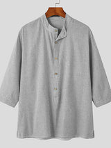 Mens Cotton Linen Three-quarter Sleeves Shirts SKUC21799