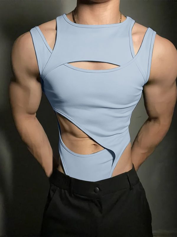 Men's Avant-Garde Asymmetrical Cut-Out Slim Fit Sleeveless Bodysuit SKUL54092