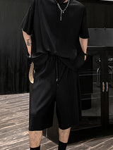 Mens Solid Color Striped Ruched Two Pieces Outfit SKUL08680