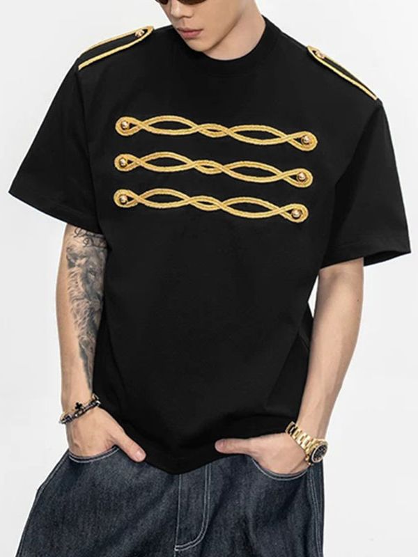 Men's High Street Vintage Military Gold Braided Embroidery T-shirt SKUL73508