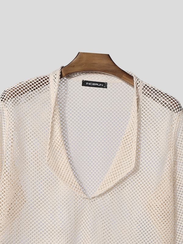 Men's Sheer Mesh Pocket Collar Half Sleeve T-shirt SKUL54681