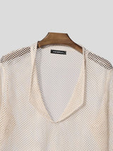 Men's Sheer Mesh Pocket Collar Half Sleeve T-shirt SKUL54681