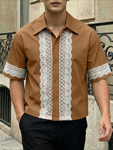Men's Vintage Casual Floral Lace Patchwork Camp Collar Short Sleeve Shirt SKUL65999