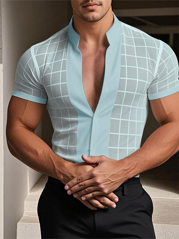 Men's Sheer Mesh Plaid Short Sleeve Shirt SKUL17952