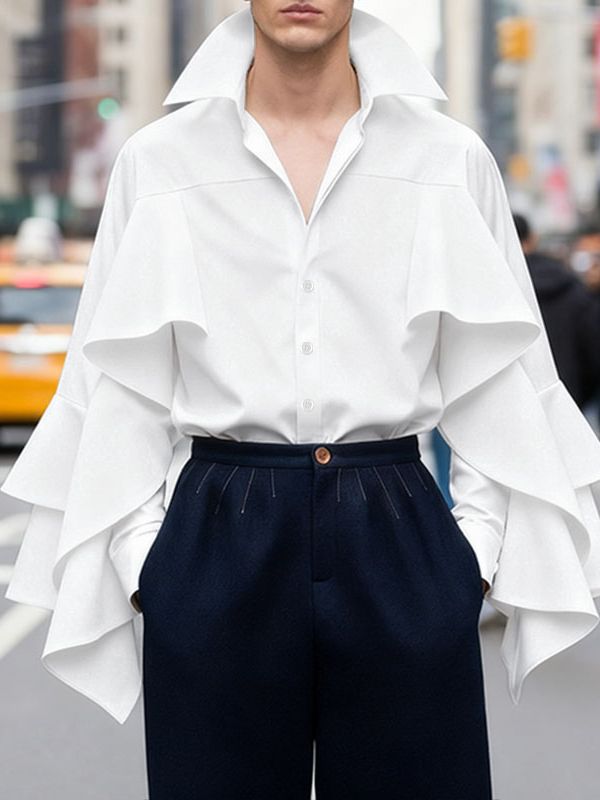 Men's Solid Color Ruffle Patchwork Long Sleeve Shirt SKUL42364