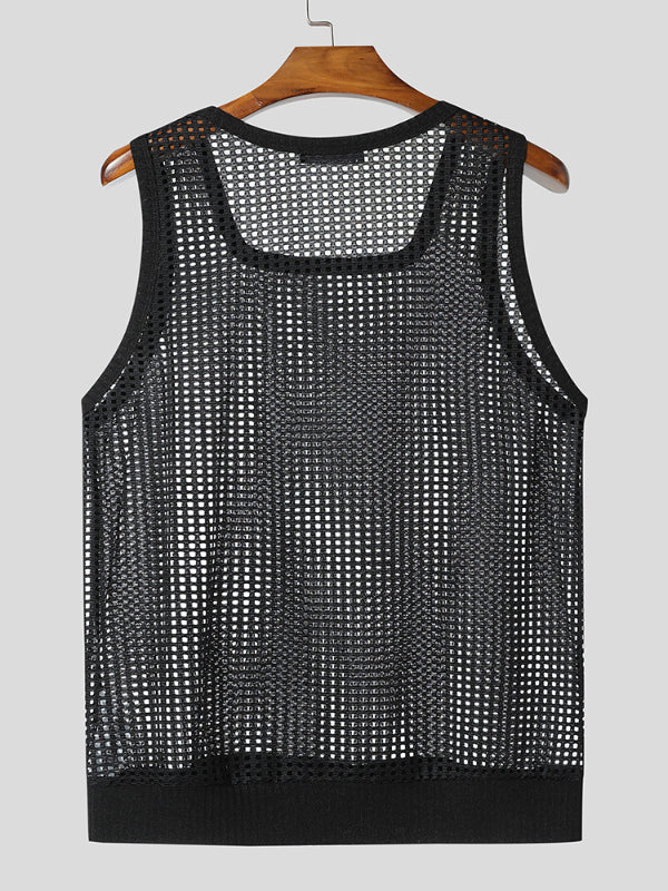 Mens Sheer Mesh Hollow Square Neck Tank SKUL15530