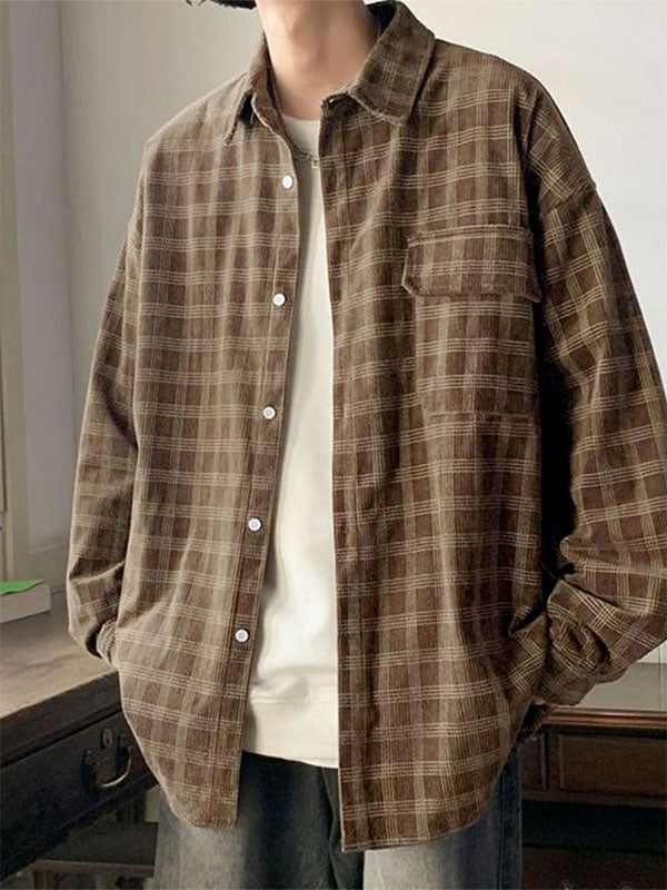 Mens Corduroy Plaid Long Sleeve Shirt SKUK77014