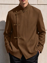 Men's Neo-Chinese Chic Evening Gala Frog Button Stand Collar Asymmetric Slanted Hem Blazer SKUL85969
