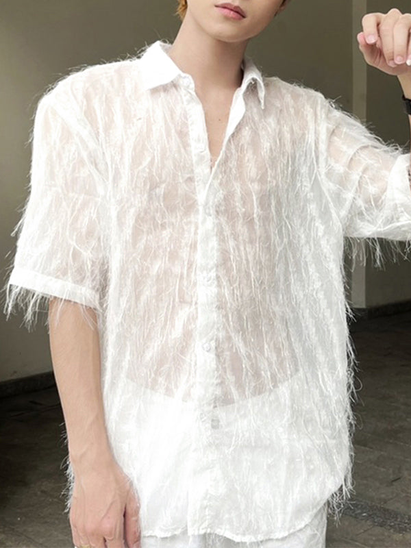 Mens Fringe Mesh See Through Lapel Shirt SKUK45511